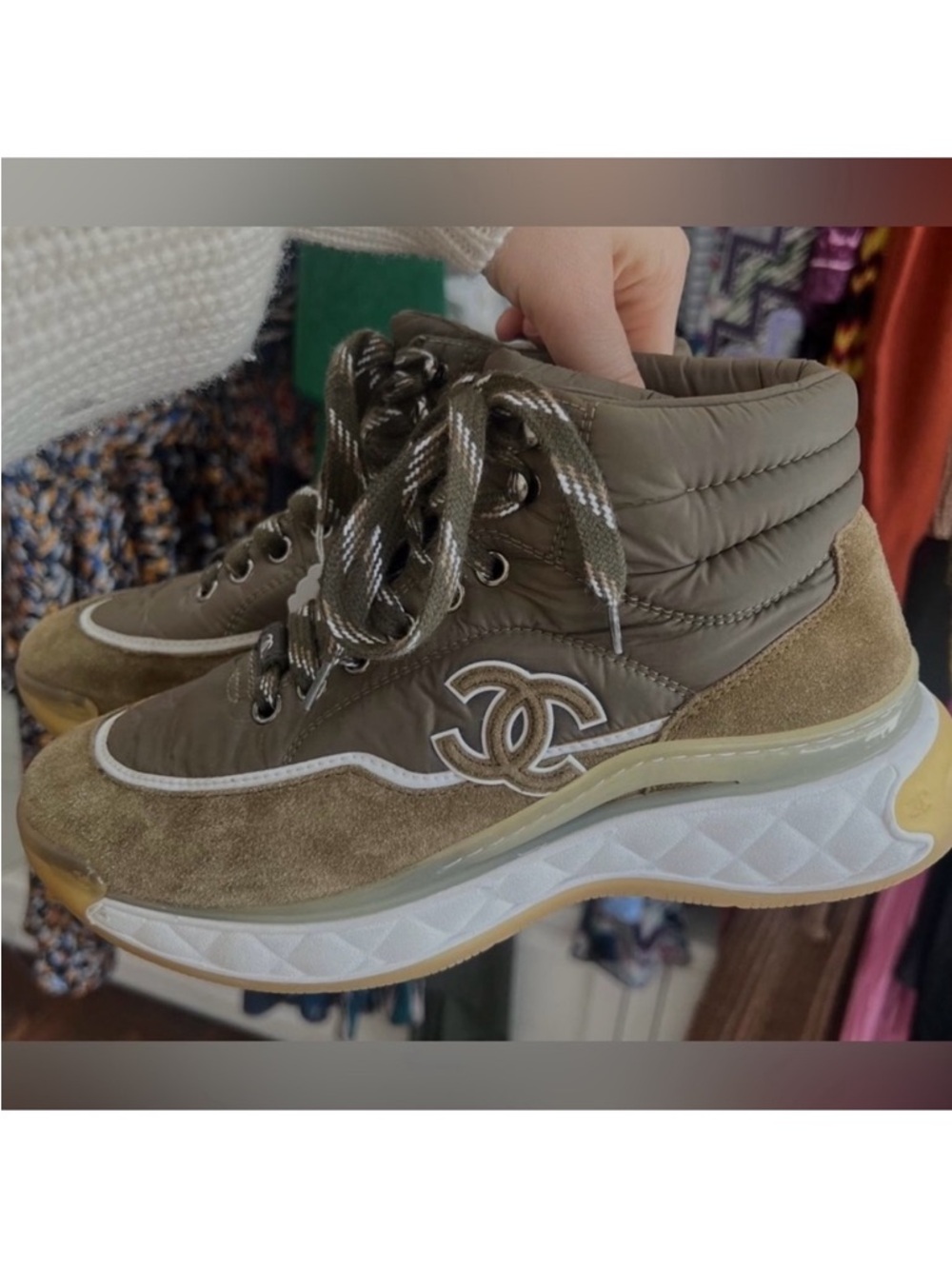 CHANEL Olive Green Quilted Suede High-Top Sneakers